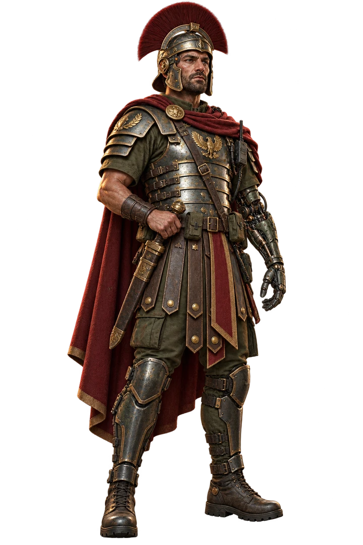 Male Roman-inspired commander in segmented armor with a bionic forearm and amber optical implant.
