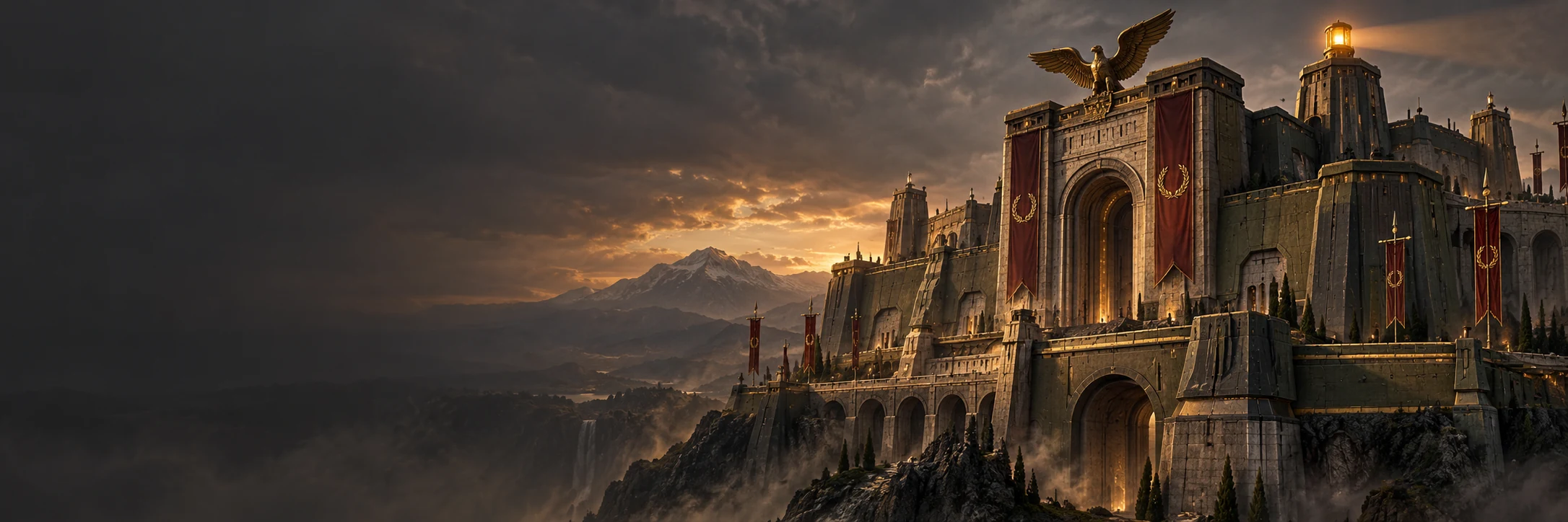A vast stone and steel citadel rises above the mountains, its beacon burning gold.