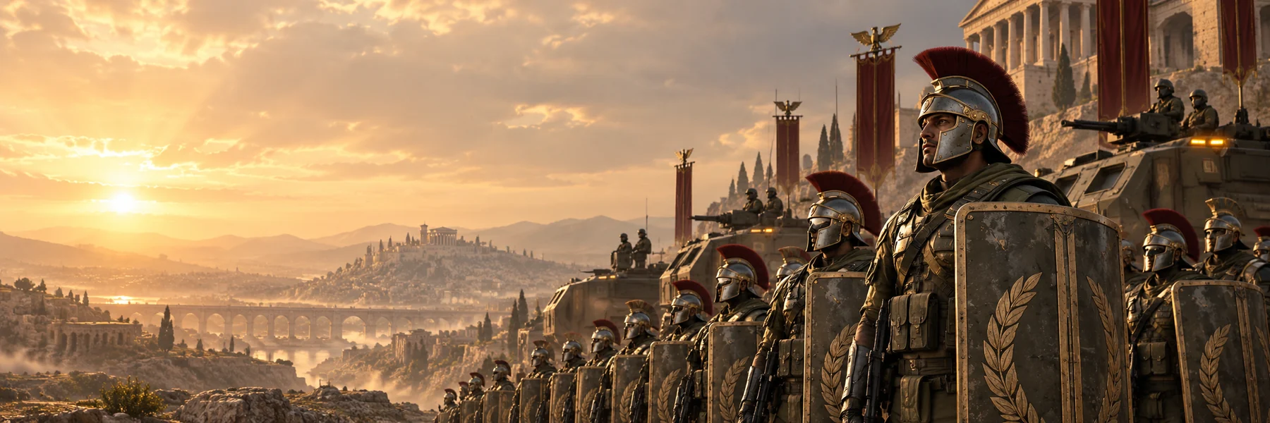 Roman-inspired soldiers and modern armored vehicles assemble beneath the dawn light.